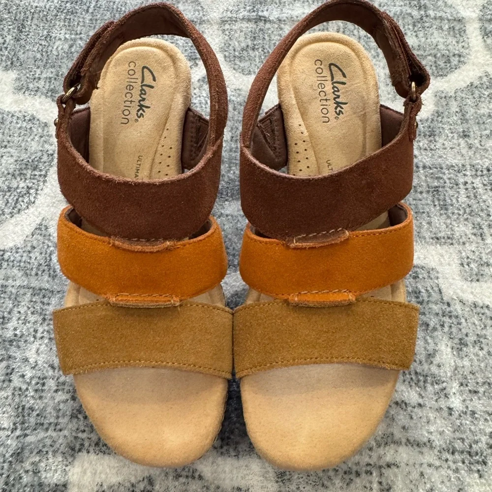 Clarks Brown and Orange Suede Wedge Sandals